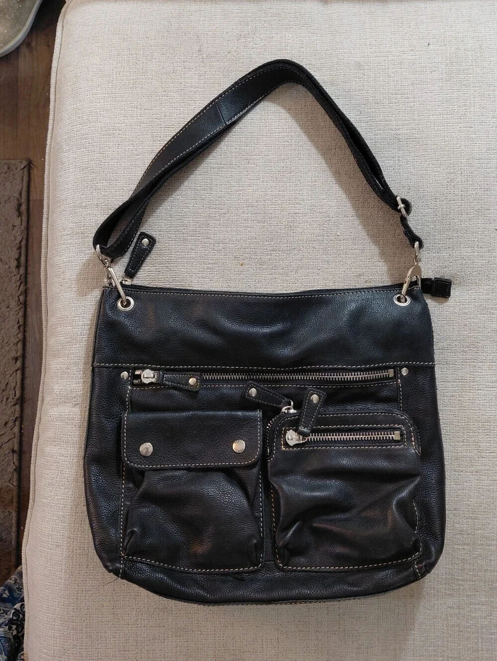 Fossil Black Leather Messenger Bag with Silver Hardware